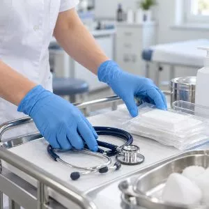  Kék kesztyűs kezek orvosi vizsgálati eszközök előkészítése közben