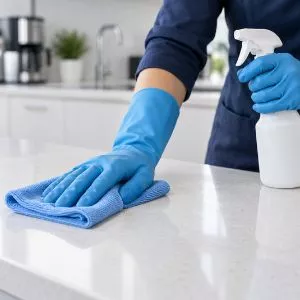 Kék gumikesztyűs kéz munkapult tisztítása közben